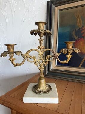 Ornate Gold Three-Arm Candelabra with Marble Base